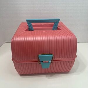VINTAGE Sassaby Makeup Organizer Mirror Deluxe Tray Case 102 Pink Teal Blue
